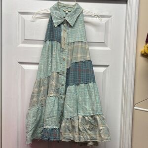 Blue Velvet Sage Patchwork Sleeveless Dress in Blue and Green with Pockets New